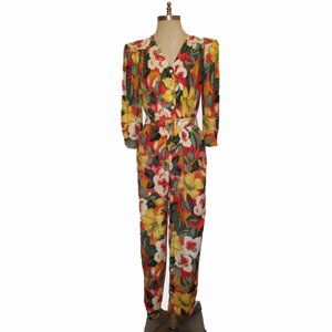 Vtg 80s Carol Anderson Tropical Floral Jumpsuit S